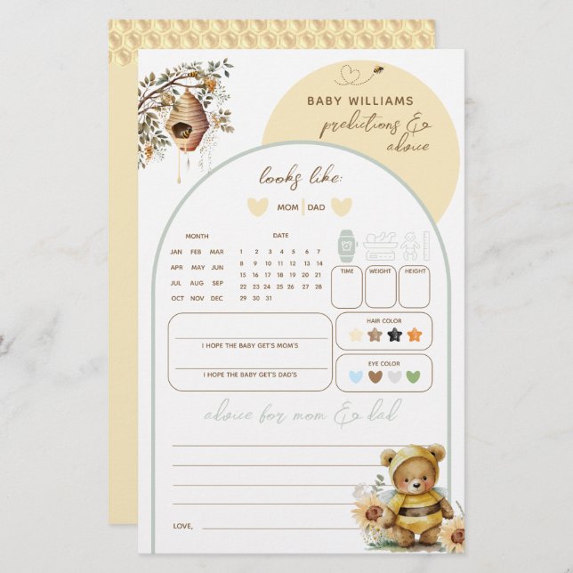 Jogo de predições do Chá de fraldas do Urso de Mel (Frente/Verso)