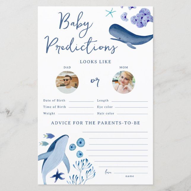 Jogo de Previsão de Bebê Baleia Menino Azul Sob o  (Frente)