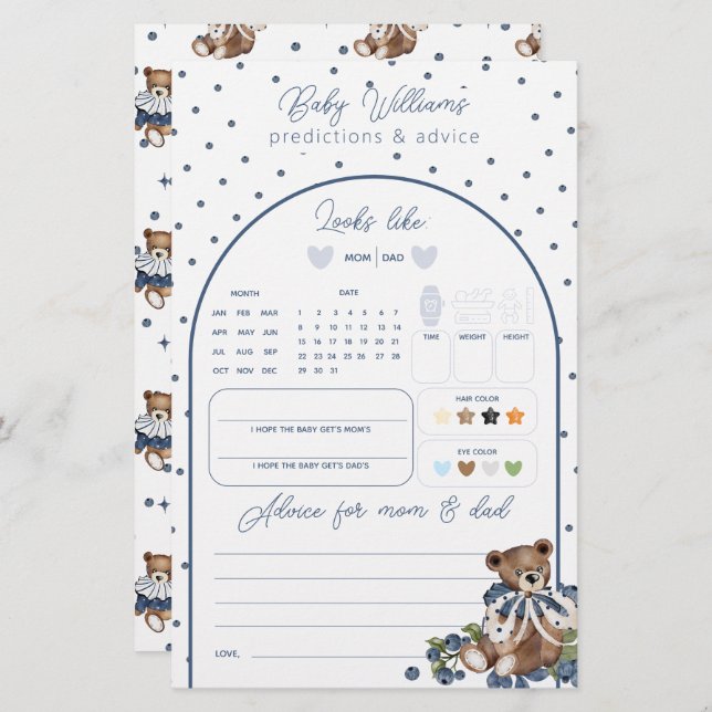 Jogo de Previsão de Bebê Bebê Azul com Amoreira Az (Frente/Verso)