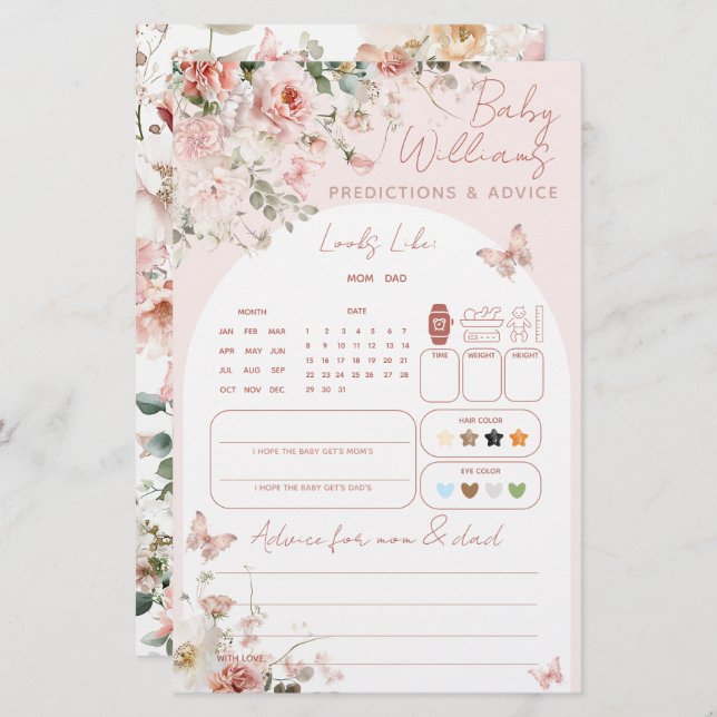 Jogo de Previsão de Bebê Flor de Rosa Borboleta (Frente/Verso)