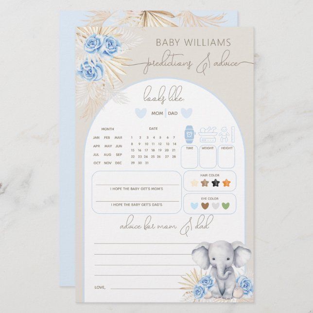 Jogo de previsão do Chá de fraldas Safari do Elefa (Frente/Verso)