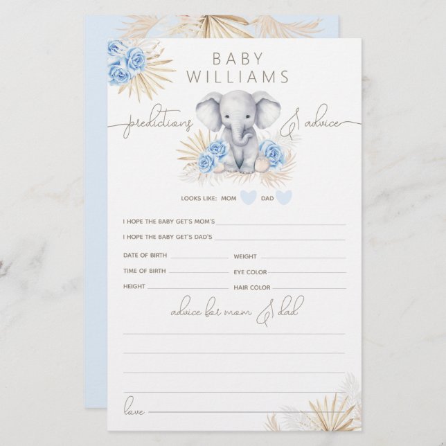 Jogo de previsão do Chá de fraldas Safari Elefante (Frente/Verso)