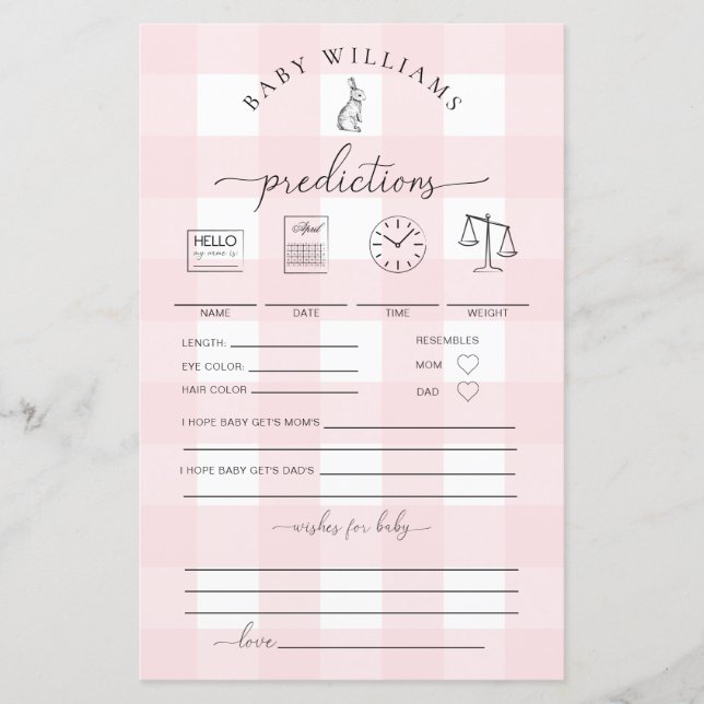 Jogo de Previsões de Bebê Coelhinho Rosa Gingham (Frente)