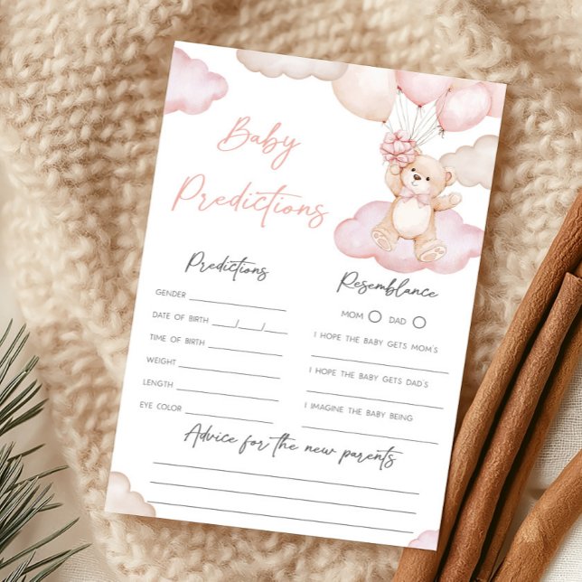 Jogo de Previsões para Bebê Balão de Urso Rosa (Girl Bearly Wait Balloon Baby Shower Baby Predictions Game)