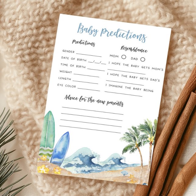 Jogo de Previsões para Bebês no Chá de fraldas do  (Surfing Summer Boy Baby Shower Baby Predictions Game)