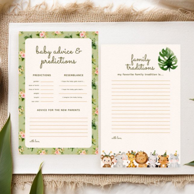 Jogo de Previsões para Chá de Bebê Verde Tropical  (fun baby shower games: family traditions + advice & predictions. Tropical leaves and safari animals)