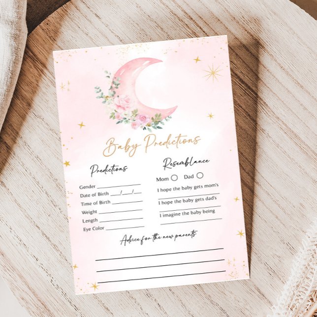 Jogo de Previsões para Chás de Bebê Lua Rosa e Est (Floral Monn and Stars Baby Shower Game)