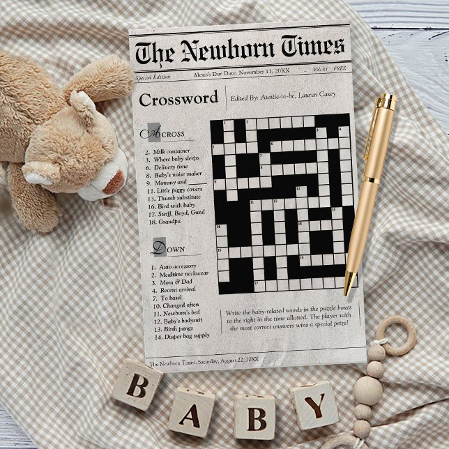Jogo de Quebra-cabeça de Chá de fraldas de Palavra (The Newborn Times cute newspaper theme baby shower baby words crossword puzzle game card, black)