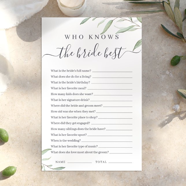 Jogo de quem conhece melhor a noiva com vegetação  (Minimal greenery who knows the bride best game)