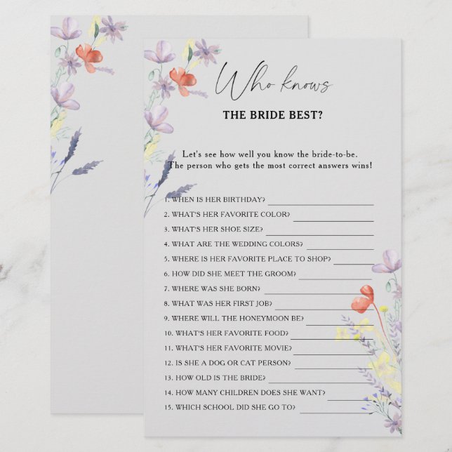 Jogo de Quem Conhece Melhor a Noiva Floral Boho (Frente/Verso)