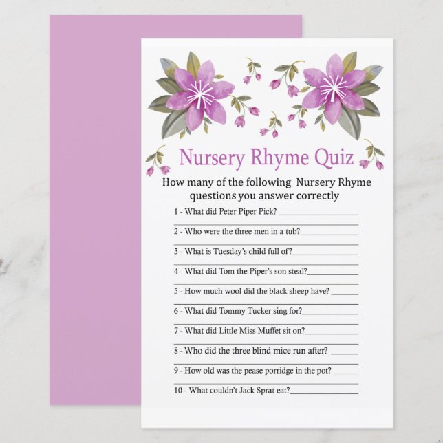 Jogo de quiz de Rima Infantil de flores roxas para (Frente/Verso)