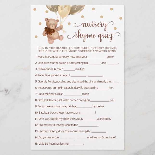 Jogo de Quiz de Rima Infantil do Ursinho de Pelúci (Frente)