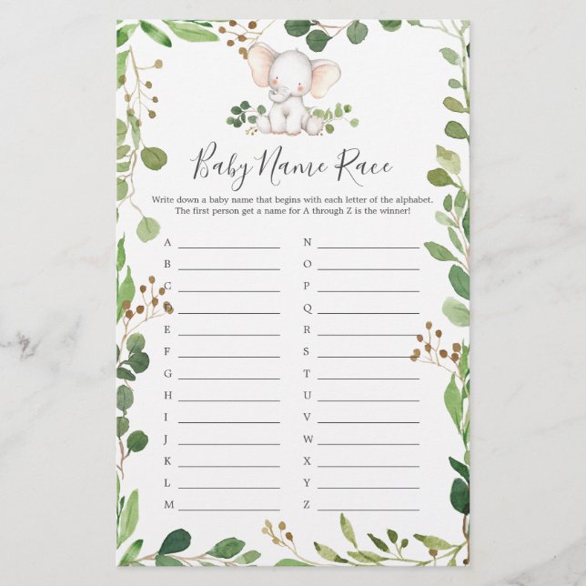 Jogo de Raça do Nome do Chá de fraldas Elefante (Frente)