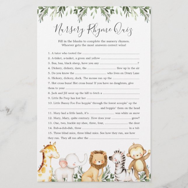 Jogo de Teste de Rhyme Rhyme para Chás de fraldas  (Frente)