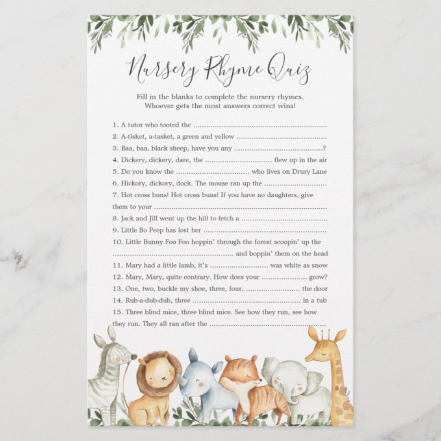 Jogo de Teste de Rhyme Rhyme para Chás de fraldas  (Frente)