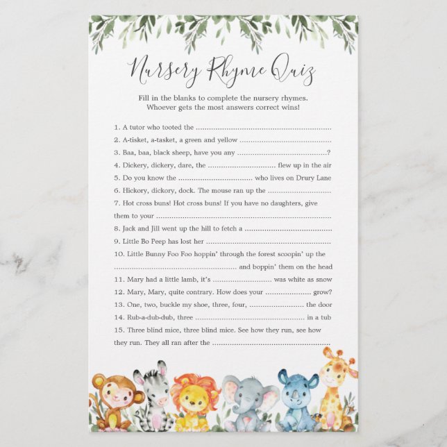 Jogo de Teste de Rhyme Rhyme para Chás de fraldas  (Frente)