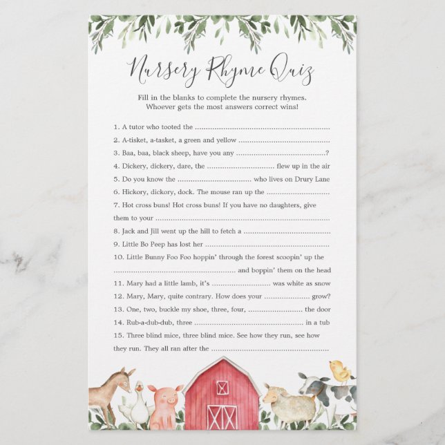 Jogo de Teste de Rhyme Rhyme para Chás de fraldas  (Frente)