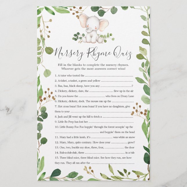 Jogo de Teste de Rhyme Rursery de Chá de fraldas E (Frente)
