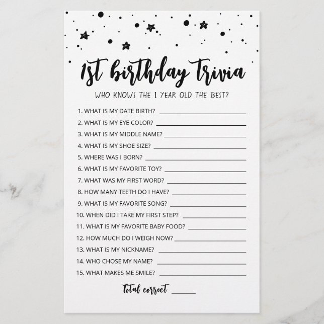 Jogo de trivia de 1º aniversário editável Jogo de  (Frente)