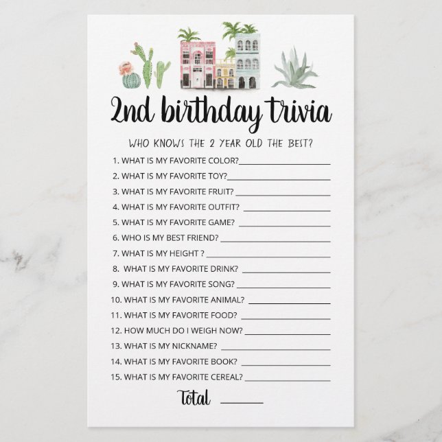 Jogo de trivia de 2º aniversário editável (Frente)