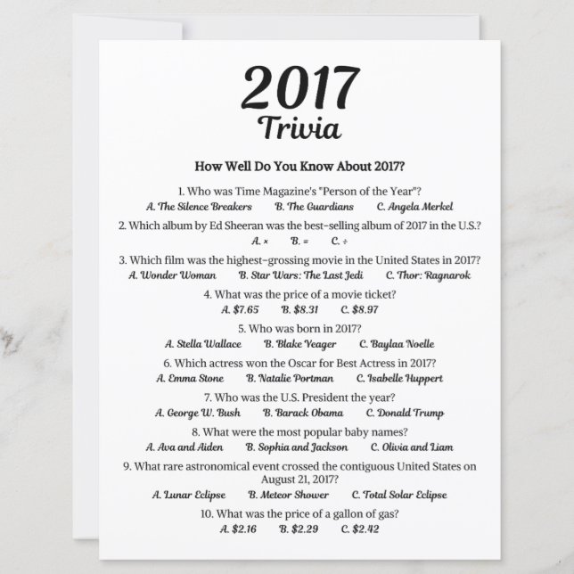 Jogo de Trivia de 2017 | Jogo de festa de aniversá (Frente)