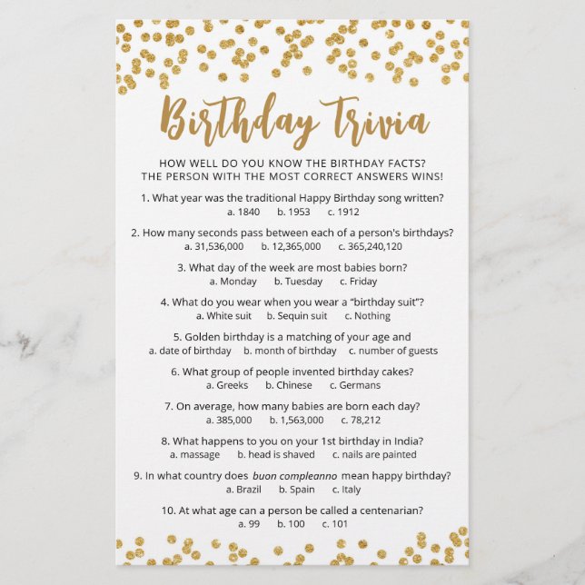 Jogo de Trivia de Aniversário com Respostas Festa  (Frente)
