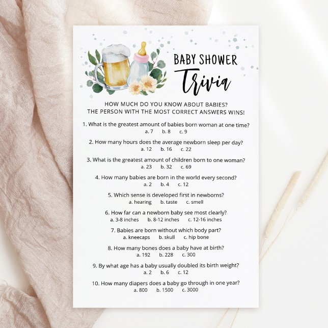Jogo de Trivia de Bebê Folhagem Bebê Está Sendo Ce (Beer and Floral Baby is Brewing Baby Shower Trivia Game Card)