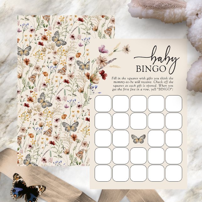 Jogo do Baby Bingo (Boho Wildflower Baby Bingo Game Card with Butterfly by Painted Paperie
)