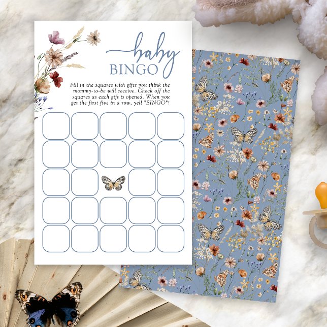 Jogo do Bebê do Boho Azul (Dust Blue Boho Floral Baby Bingo Game Card with Butterfly by Painted Paperie
)