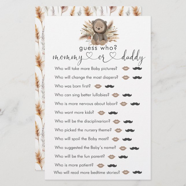 Jogo do Chá de fraldas "Adivinha Quem" do Boho Bea (Frente/Verso)