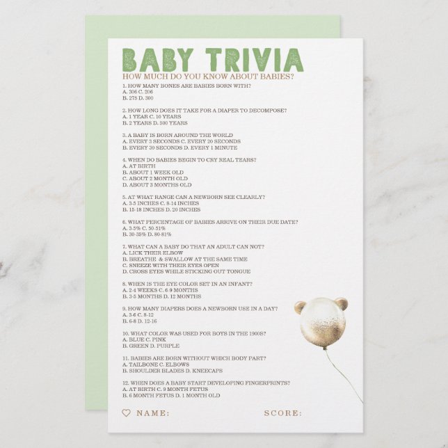 Jogo do Chá de fraldas Baby Trivia (Frente/Verso)