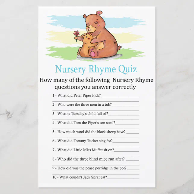 Nursery Rhyme Quiz jogo de Chá de fraldas com Resp