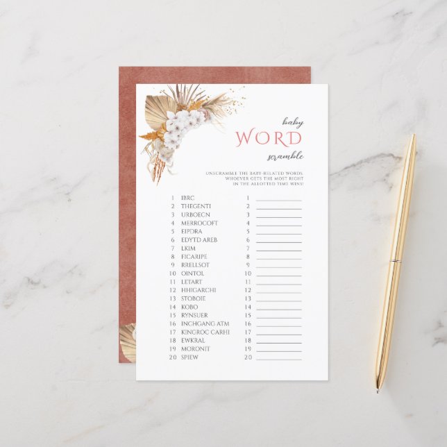 Jogo do Chá de fraldas Boho Floral BabyWord Scramb (Frente/Verso In Situ)