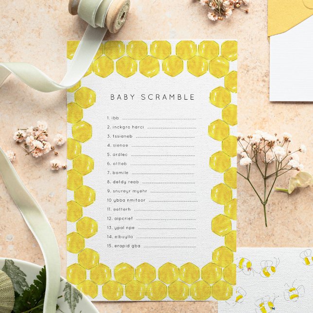 Jogo do Chá de fraldas Buzzing Bees Baby ABC (Yellow watercolor bees and honeycomb Baby Shower word scramble game sheets.)