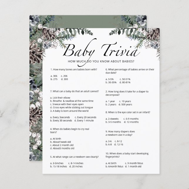 Jogo do Chá de fraldas de inverno da Baby Trivia (Frente/Verso)