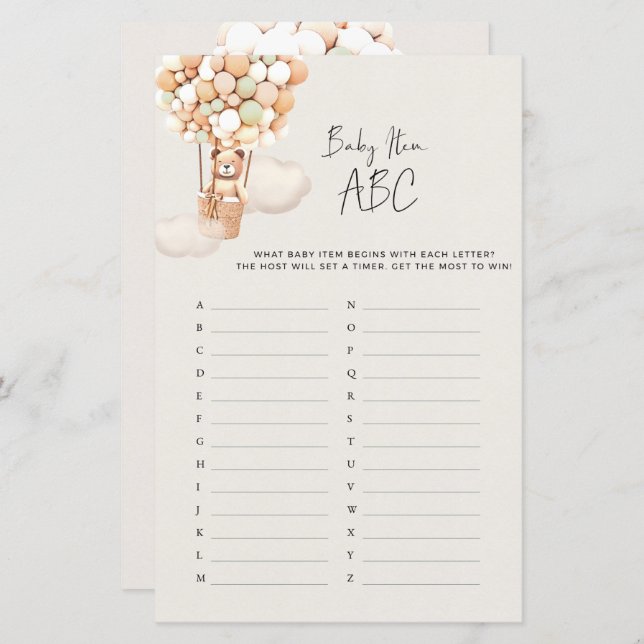 Jogo do Chá de fraldas do Bear - Item do Bebê ABC (Frente/Verso)