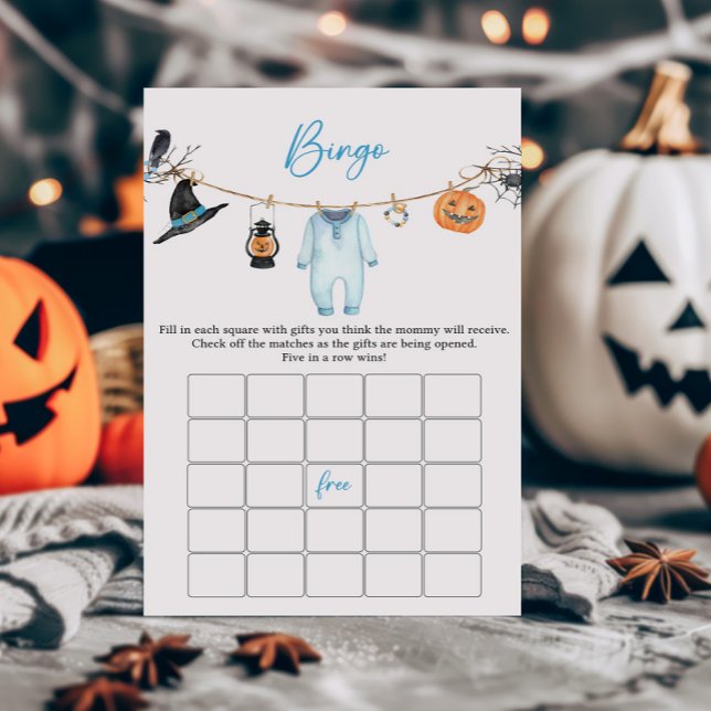 Jogo do Chá de fraldas do Boo de Halloween Azul (Halloween Baby Clothes Baby Shower Bingo Game)