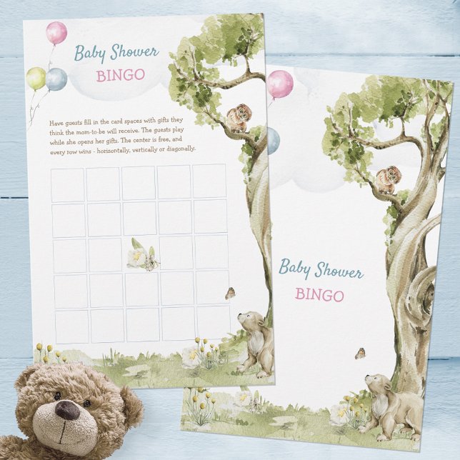 Jogo do Chá de fraldas do Urso da Madeira Adorável (Adorable Woodland Bear Baby Shower Bingo Game ©Susanne Sachers - Sunny Mind Design 🌞)