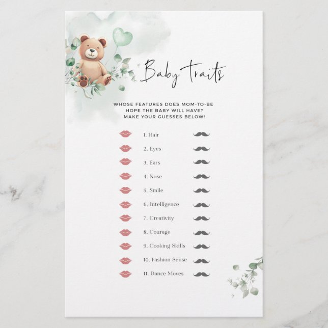 Jogo do Chá de fraldas do Urso - Traços do Bebê (Frente)