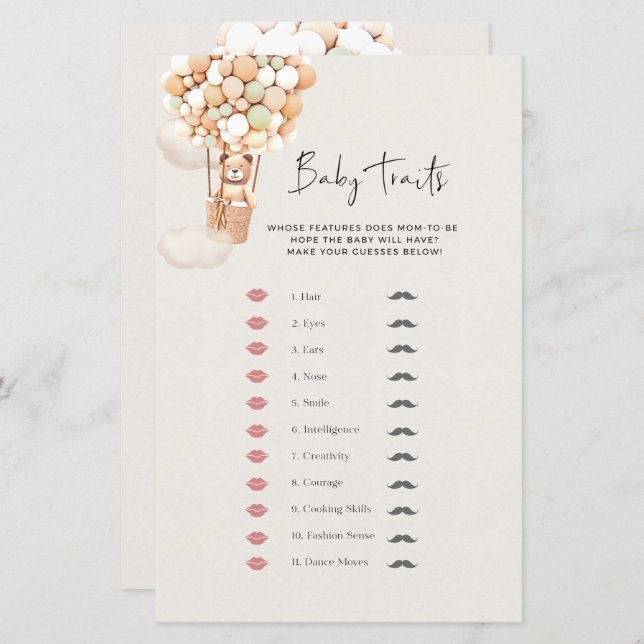 Jogo do Chá de fraldas do Urso - Traços do Bebê (Frente/Verso)