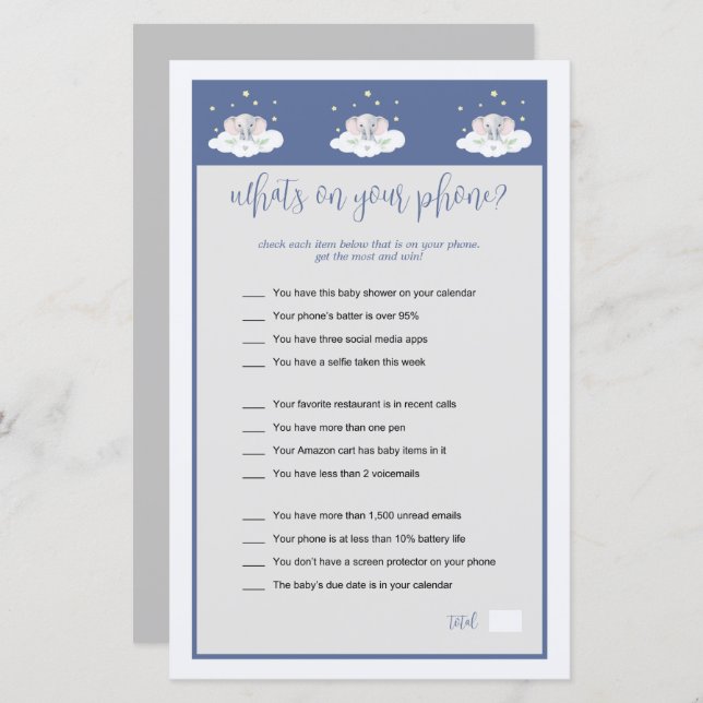 Jogo do Chá de fraldas Elefante O que há no seu te (Frente/Verso)