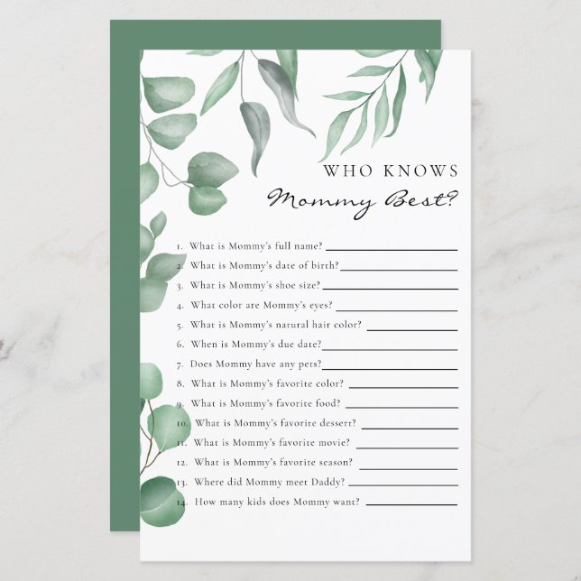 Jogo do Chá de fraldas Eucalyptus que conhece a me (Frente/Verso)