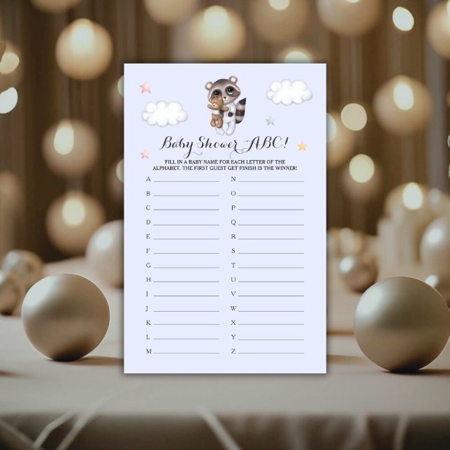 Jogo do Chá de fraldas Gentboy Raccoon ABC (Gentle Boy Raccoon Baby Shower Game ABC)