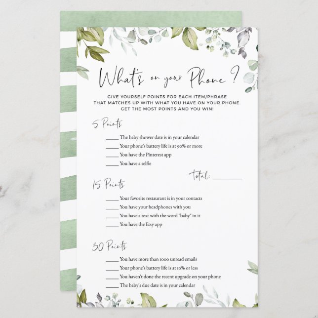 Jogo do Chá de fraldas Greenery O que há no seu te (Frente/Verso)