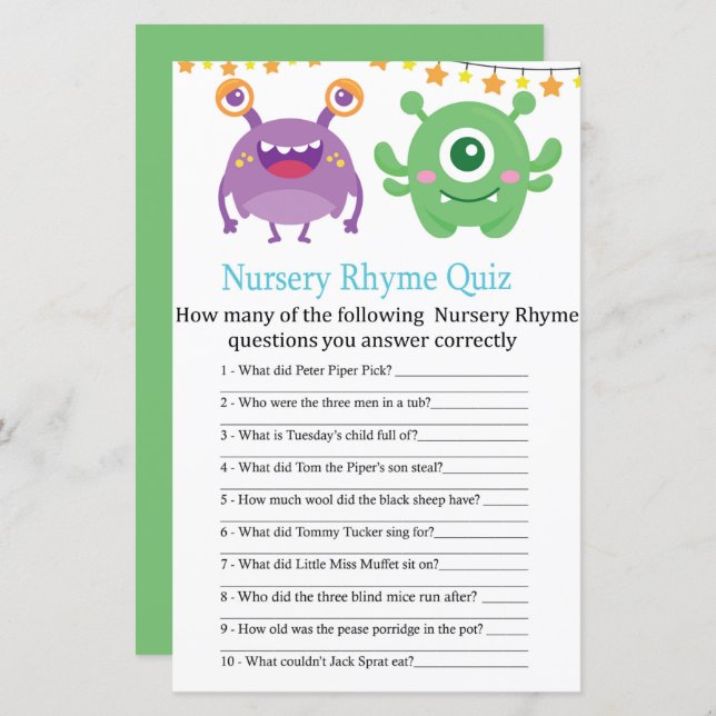 Jogo do chá de fraldas Monster Nursery Rhyme Quiz (Frente/Verso)
