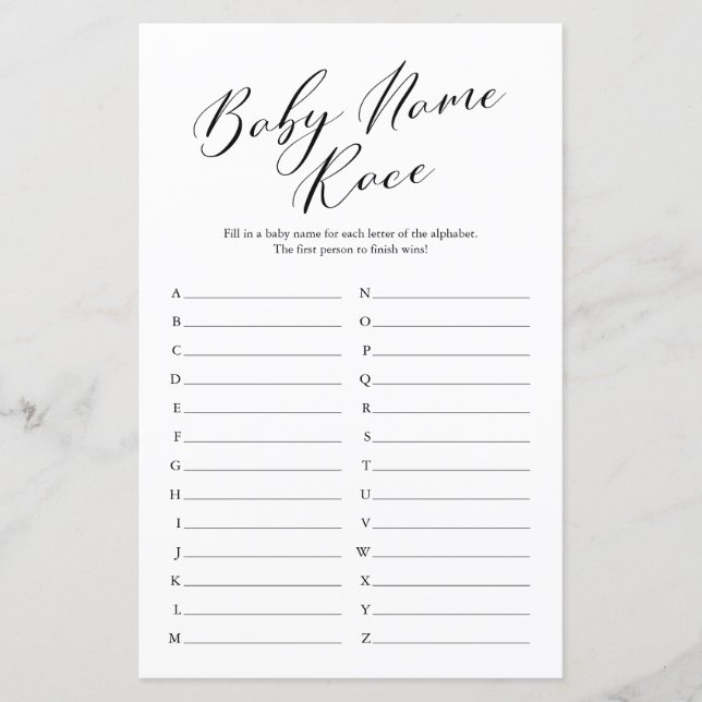 Jogo do Chá de fraldas Race de Nome da Caligrafia  (Frente)