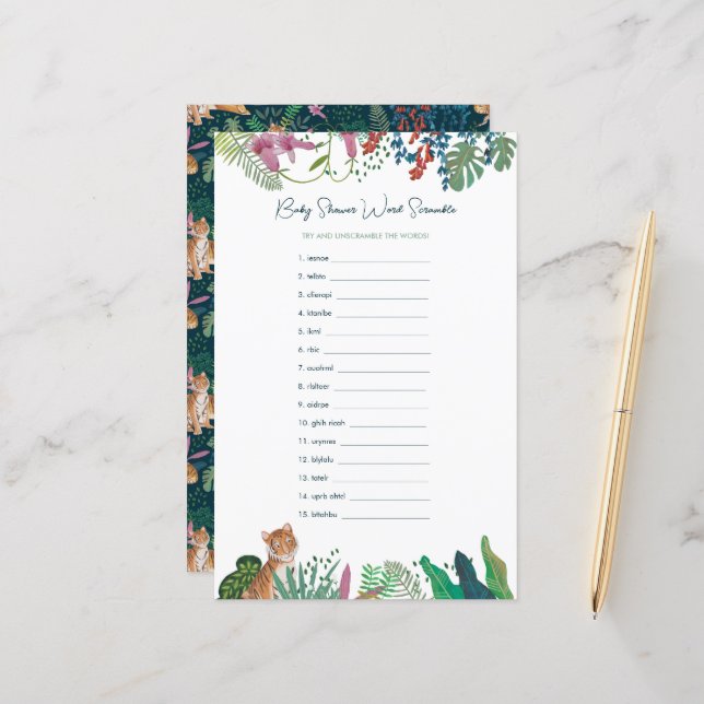 Jogo do Chá de fraldas Safari Tiger Word Scramble (Frente/Verso In Situ)