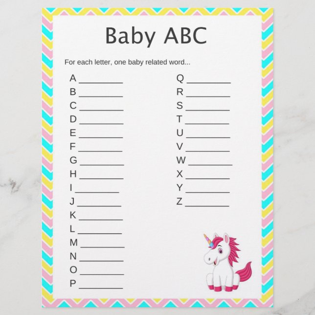 Jogo do Chá de fraldas Unicorn Baby ABC (Frente)