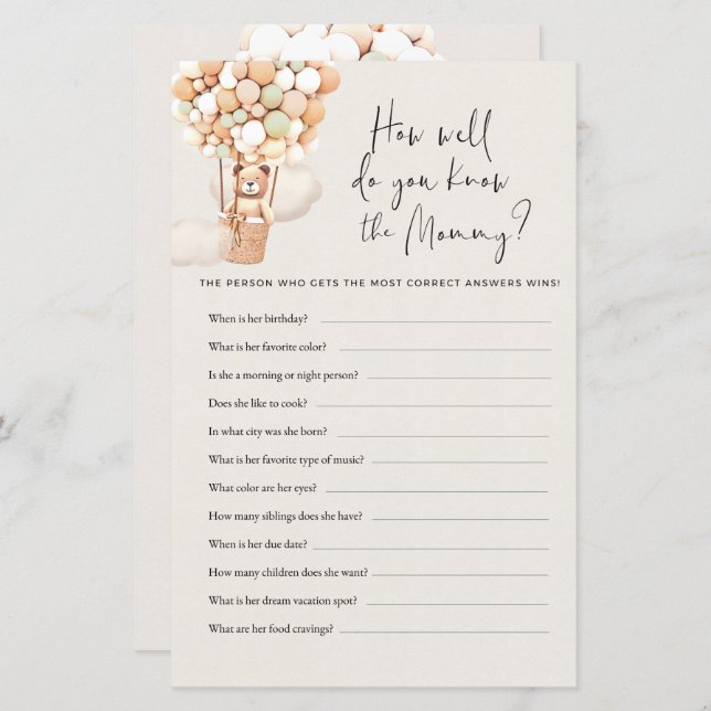 Jogo do Chá de fraldas Urso - Como Você Conhece Ma (Frente/Verso)