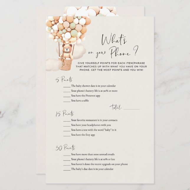 Jogo do Chá de fraldas Urso - O que há no seu tele (Frente/Verso)